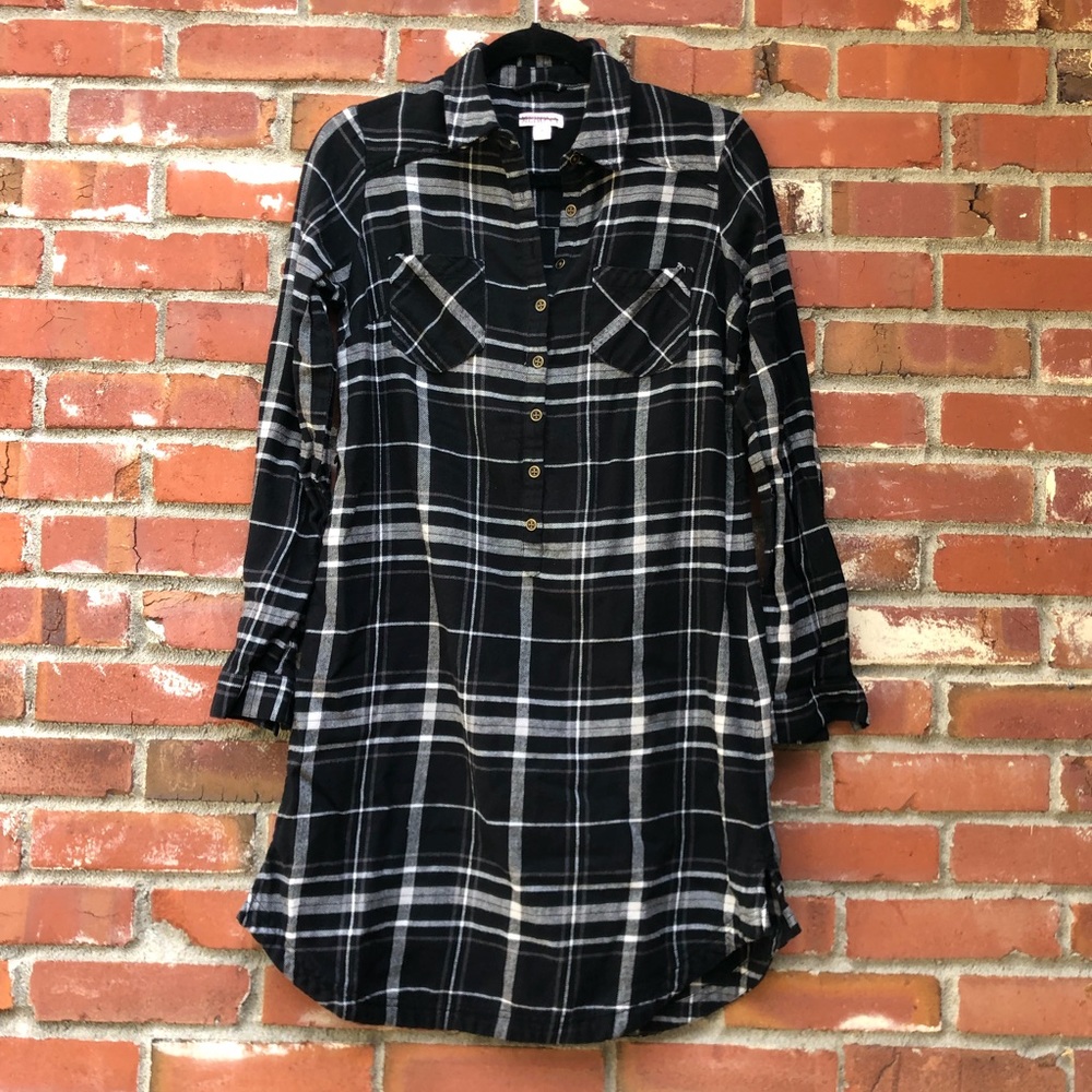 MERONA B&W Plaid Flannel Long Sleeve Shirt Dress Size S